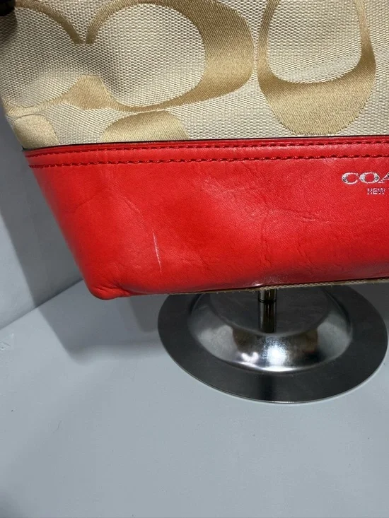 Coach Signature Canvas Red Leather Trim Large Shoulder Bag Hobo Tassel - Picture 14 of 16